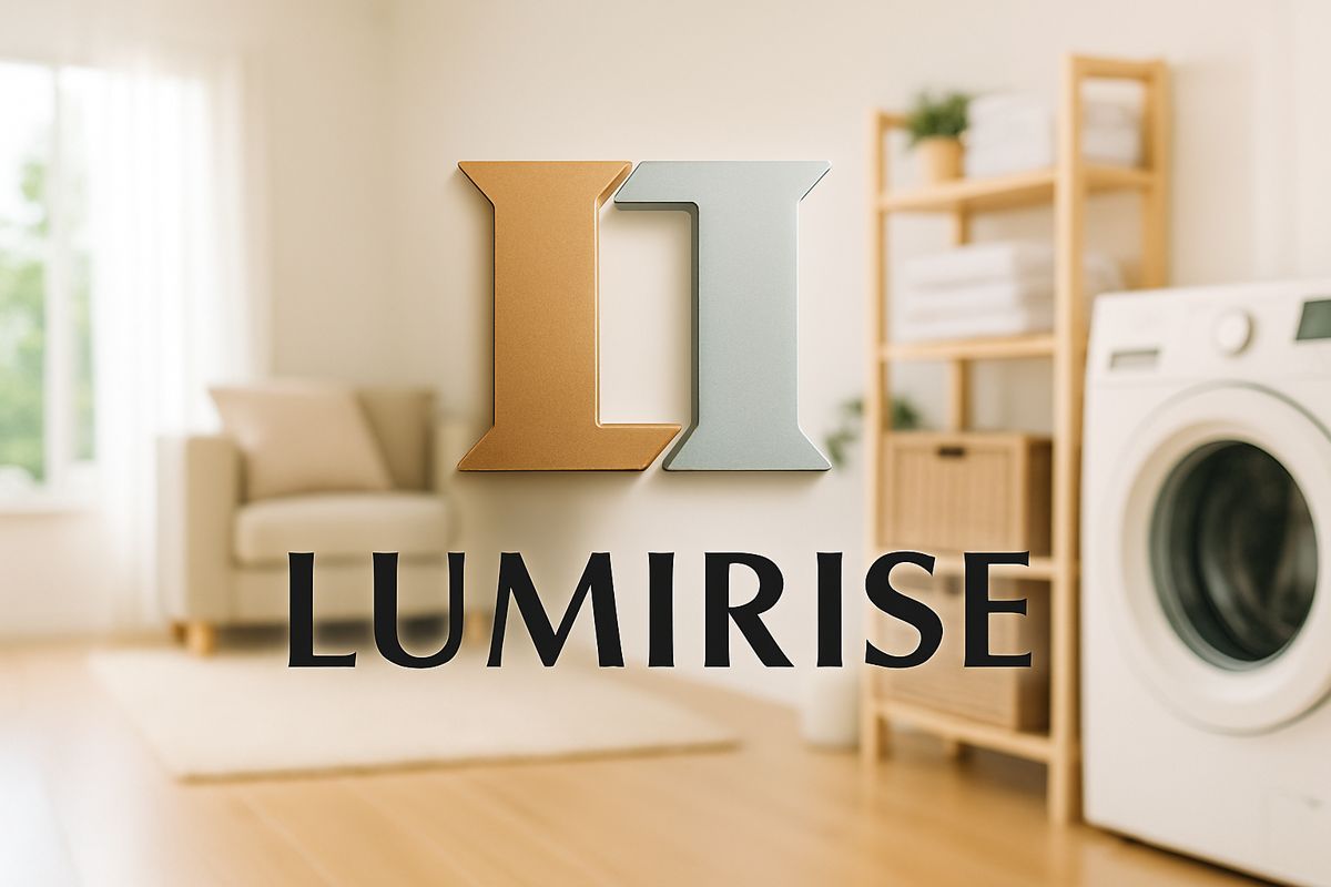 LUMIRISEのロゴと洗濯機のある部屋